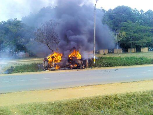 Mzuni first year student rumored dead after being hit by minibus; irate student’s burn vehicle to ashes