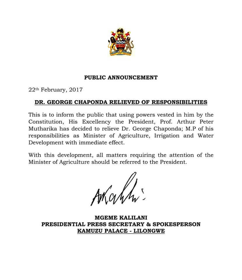 Malawi Pres. Mutharika finally fires Agriculture Minister George Chaponda