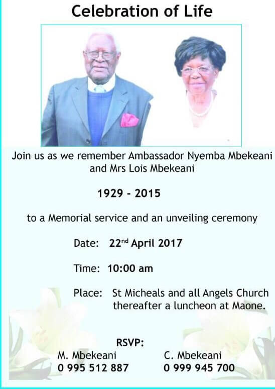 Join Us to Celebrate the Life of Ambassador Nyemba Mbekeani and Mrs Lois Mbekeani on April 22nd