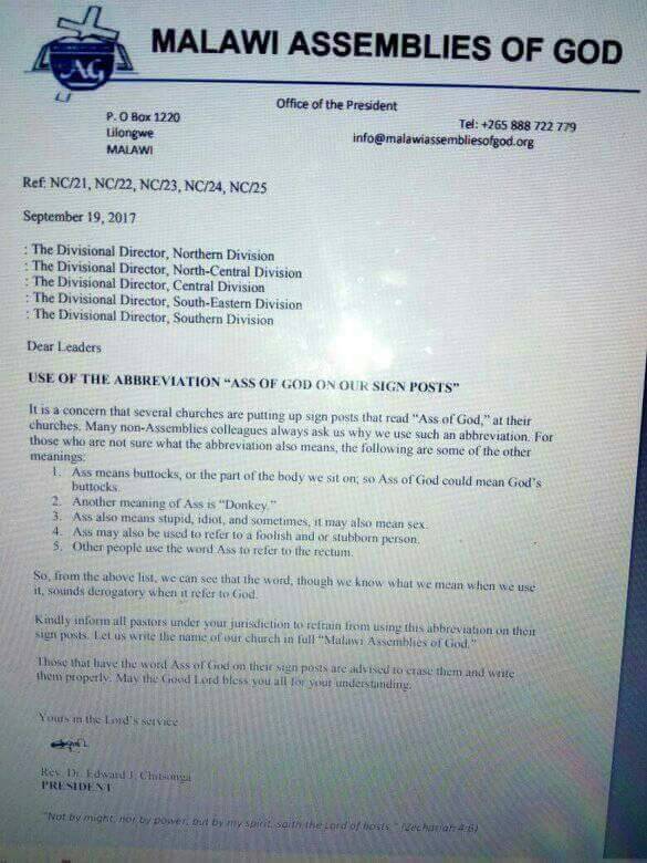 Malawian church to stop referring to God’s ass