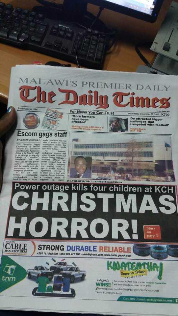 Health Ministry refutes Daily Times story on four babies died at KCH over blackout