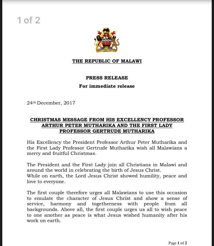 Malawi President Mutharika Christmas Message