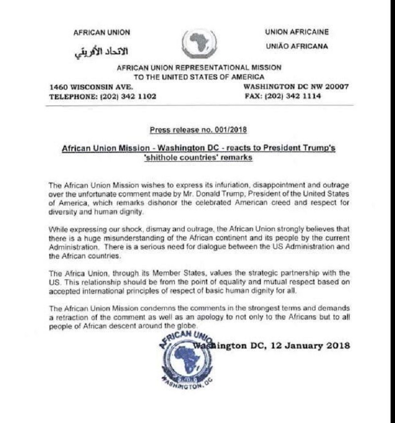 African Union denounces Trump’s ‘shithole Countries’ Remarks
