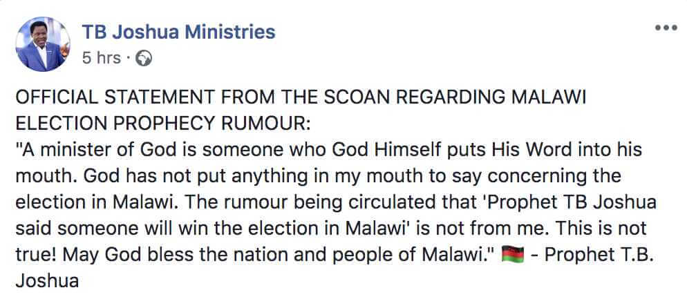 THE ‘TB JOSHUA FACTOR’ IN MALAWI’S ELECTIONS