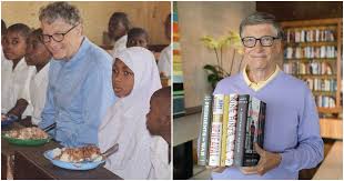 Humbly Bill Gates eats rice and beans stew in plastic bowl with school children