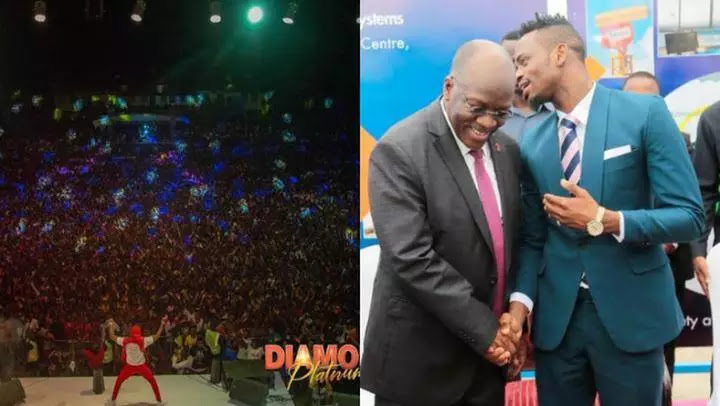 Tanzania President Magufuli’s surprise midnight call to Diamond in the middle of his show lights up the crowd