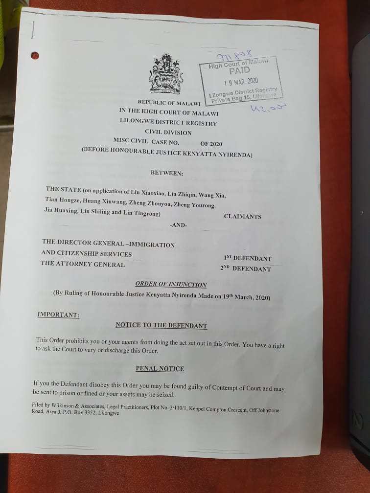 Horrible!!!Courts expose millions of Malawian souls to coronavirus….Stops Immigration dept not deporting four Chinese nationals