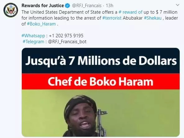 US Govt puts US$7million bounty for Boko Haram Leader Shekau’s head