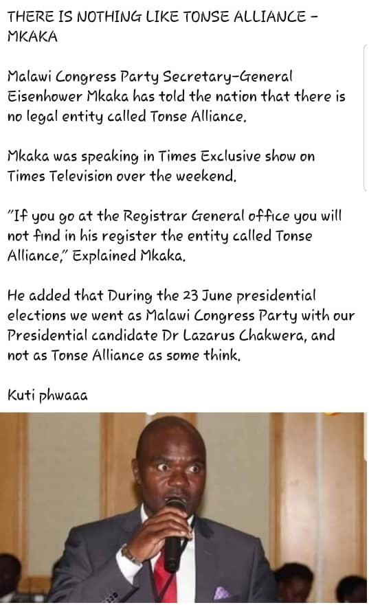 Eisenhower Nduwa Mkaka declares openly, “There is no Tonse Alliance”