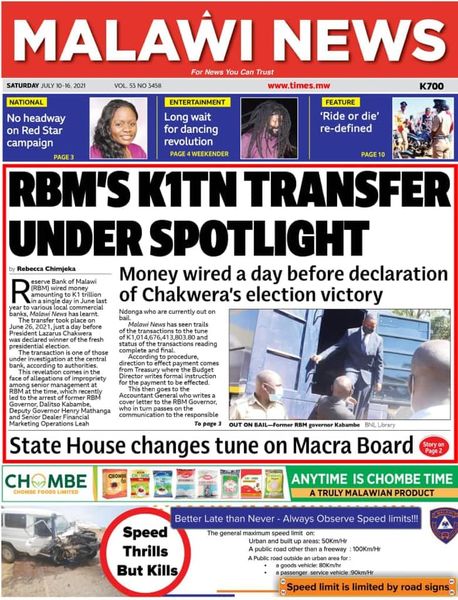 Desperate attempt of Chakwera’s Tonse using Malawi News K1TN RBM transaction article to divert nepotism criticism; targets Kabambe