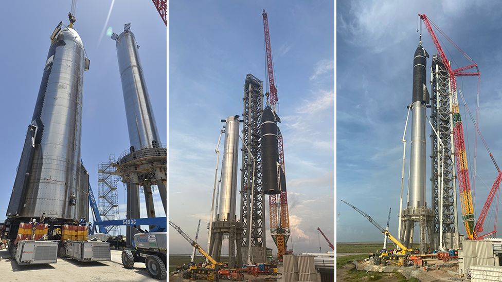 Biggest ever rocket is assembled briefly in Texas
