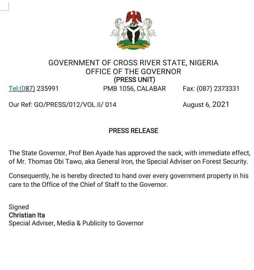 PRESS RELEASE: Advocacy for Alleged Witches Welcomes Sacking of Thomas Obi Tawo in Cross River