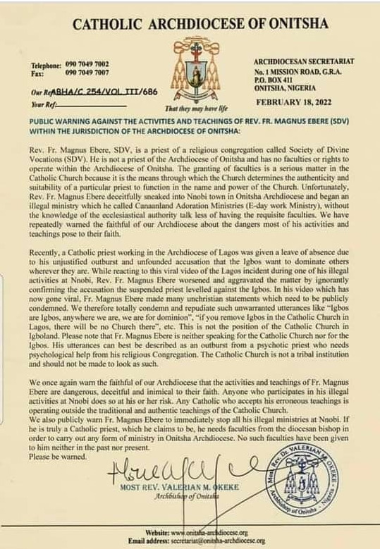 Humanists Welcome Public Warning Against Dangerous Activities of Fr Ebere, a. k. a. Fr. E-dey Work