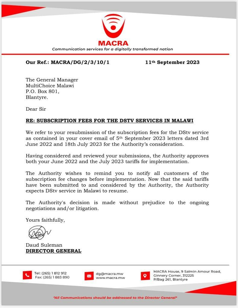 MACRA approves DStv tarrifs hike amid legal battles