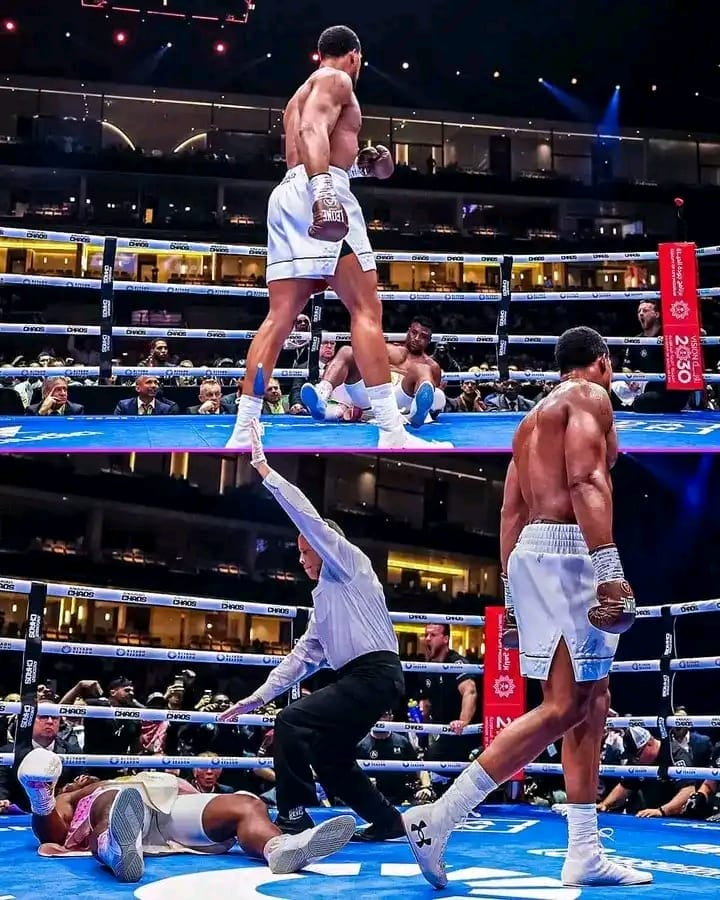 Anthony Joshua knocks down Cameroonian Ngannou in second round