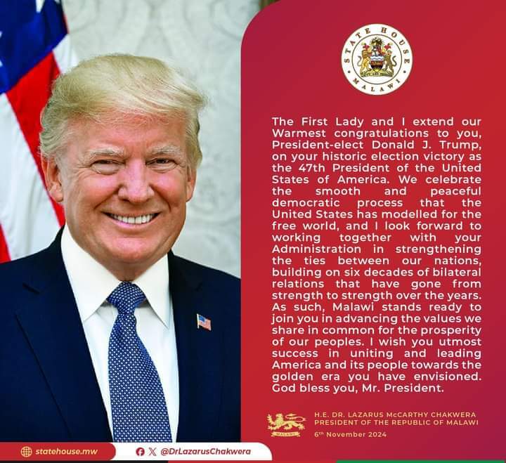 Chakwera congratulates Trump for retaining US Presidency