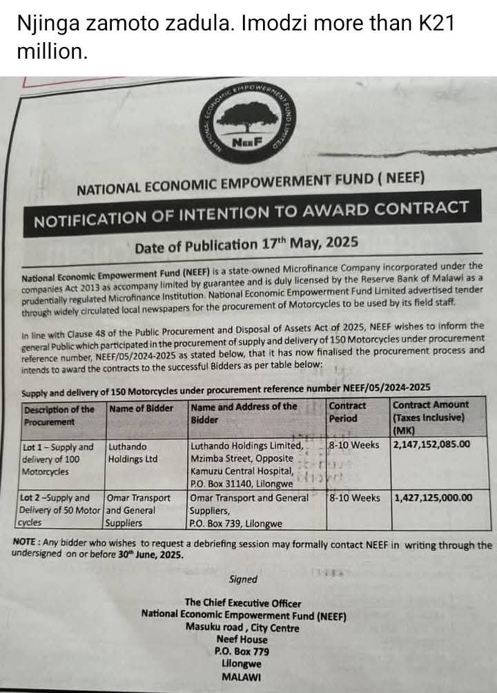 Youth Alive Mchinji calls Chakwera, ACB to halt dubious NEEF procurement of 150 motorcycles to Luthando Holdings