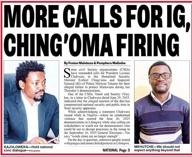 More calls on Chakwera to fire Homeland Security Minister Ching’oma, Police Chief Yolamu