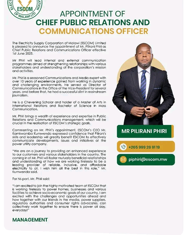 ESCOM appoints Pilirani Phiri as Chief Public Relations and Communications Officer