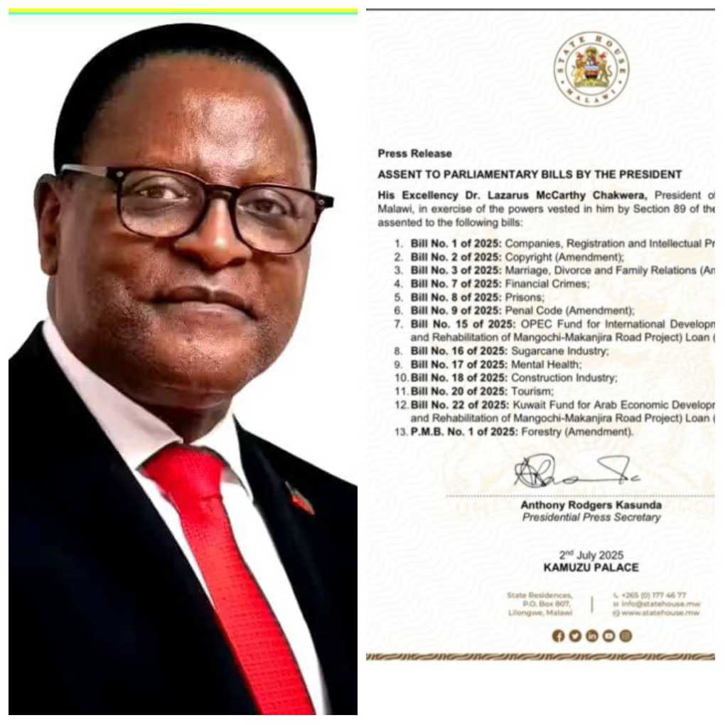 Chakwera assents to 13 bills into law
