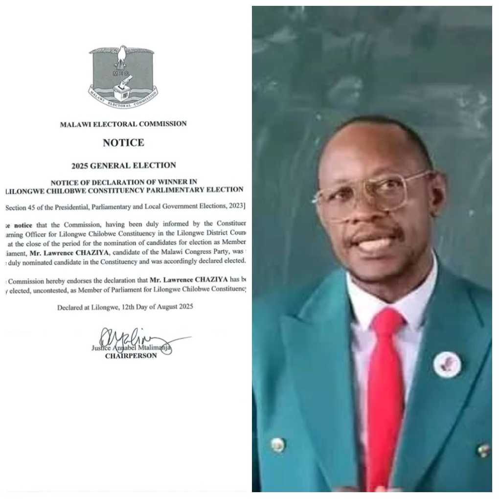 MEC declares Lawrence Chaziya as winner for Lilongwe Chilobwe Constituency without a vote