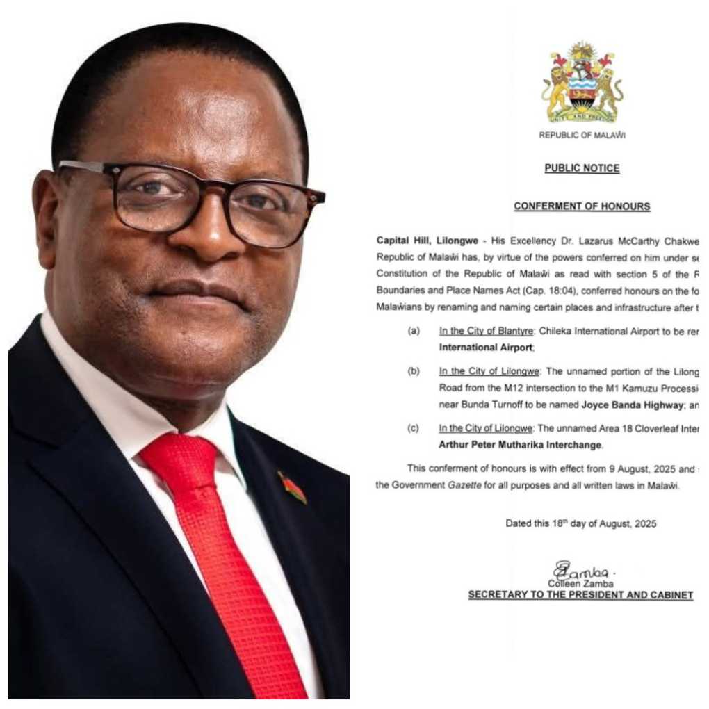 Chakwera honours Muluzi, Mutharika, JB by renaming roads, Airport under their names