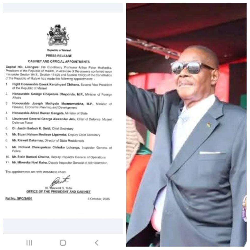Mutharika announces partial cabinet: Chihana Second Veep, Gangata into Minister of State, Chaponda foreign affairs