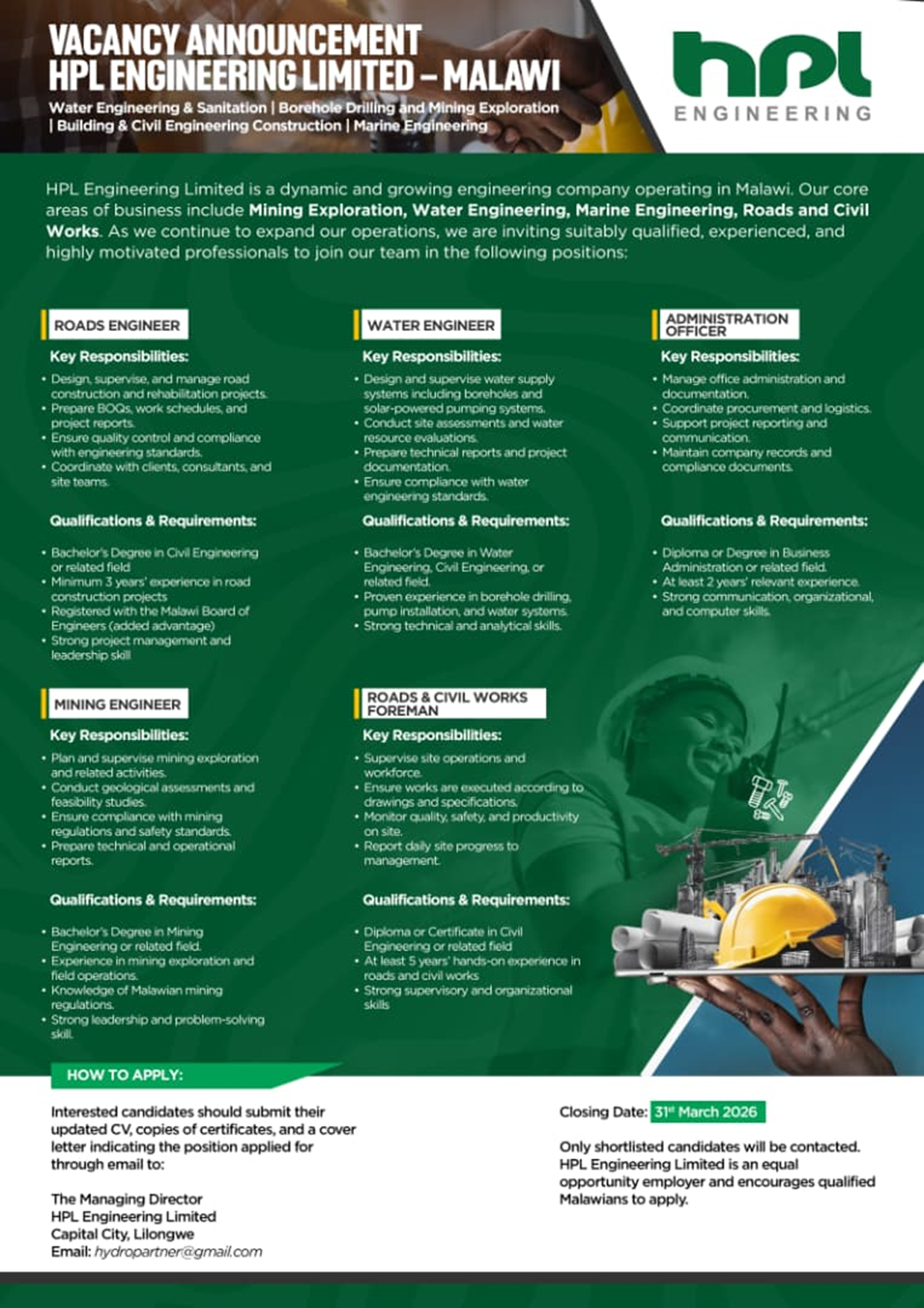 VACANCY ANNOUNCEMENT HPL ENGINEERING LIMITED-MALAWI