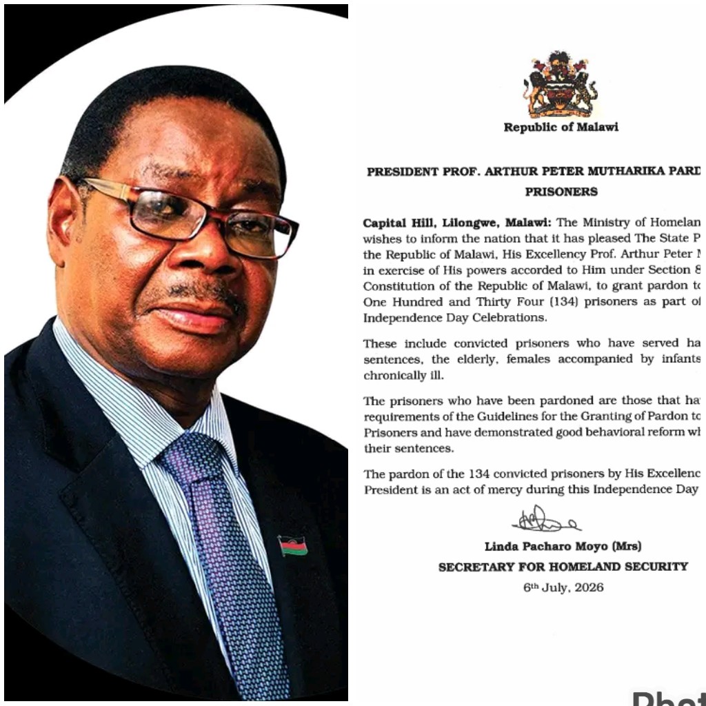 Mutharika pardons 134 prisoners in Independence Day act of mercy